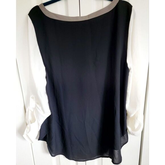 Ann Taylor Loft L Colorblock Pullover Roll Tab Sleeve Blouse Tan Black Eggshell - Picture 3 of 6